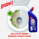 Hygienzz Disinfectant Toilet Cleaner, a powerful toilet bowl cleaner that kills 99.9% of germs. Its thick liquid formula clings from rim to U-bend, removing 10x more yellowish and tough stains. Gives you a sparkling clean, hygienic, and fresh toilet free of malodour with every use.