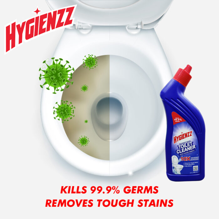 Hygienzz Disinfectant Toilet Cleaner, a powerful toilet bowl cleaner that kills 99.9% of germs. Its thick liquid formula clings from rim to U-bend, removing 10x more yellowish and tough stains. Gives you a sparkling clean, hygienic, and fresh toilet free of malodour with every use.